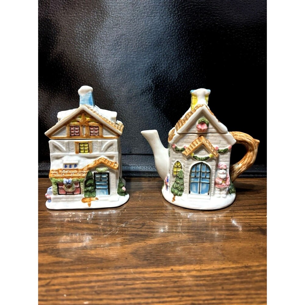 Vintage Houston Harvest Christmas Cottage Ceramic Tea Pot And Sugar Bowl 2pc Set